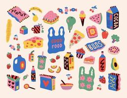 reeks van stickers met getrokken voedsel. tekening stijl. divers kleurrijk drankjes, cupcakes, donuts, fruit, koffie, fanans. hand- getrokken mode vector illustratie.