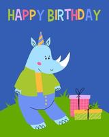 gelukkig verjaardag kaart met pret neushoorn. schattig neushoorn met geschenk doos. kinderen groet kaart voor afdrukken. vector tekenfilm illustratie.