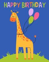 gelukkig verjaardag kaart met pret giraffe. schattig dier met ballon. kinderen groet kaart voor afdrukken. vector tekenfilm illustratie.