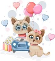 mooi ansichtkaart met schattig katjes, auto, geschenk en ballonnen vector