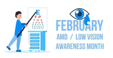 en, laag visie bewustzijn maand evenement is gevierd in februari. medisch oogarts gezichtsvermogen controleren omhoog concept vector. oog dokter illustratie voor Gezondheid zorg web banier vector