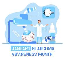 glaucoom bewustzijn maand is gevierd in Verenigde Staten van Amerika in januari. lenticulair ondoorzichtigheid diagnose. oogarts gezichtsvermogen controleren omhoog met klein mensen karakter. optometrisch gezondheidszorg vector