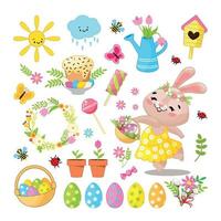 Pasen reeks van ontwerp elementen en afbeeldingen in tekenfilm stijl Aan de thema van Pasen. Pasen konijn, bloemen, vogels, geschilderd eieren Aan wit achtergrond, geïsoleerd besnoeiing uit voorwerp. konijn ballerina met mand vector