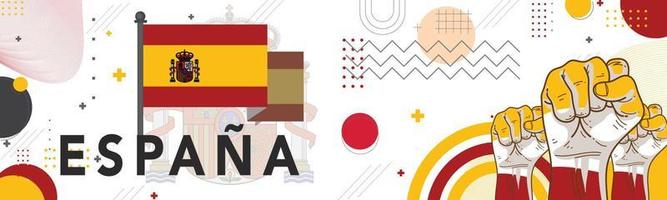 Spanje nationaal dag banier voor spel of met abstract modern ontwerp. vlag en kaart van Spanje met rood geel kleur thema. Barcelona Madrid horizon in achtergrond vector illustratie