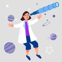 astronomie wetenschapper vrouwelijk personage drijvend fantasierijk ontwerp vector