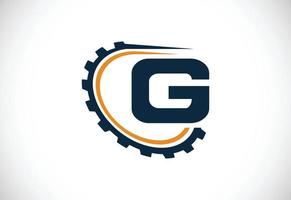 eerste g alfabet met een versnelling. uitrusting ingenieur logo ontwerp. logo voor auto, mechanisch, technologie, instelling, reparatie bedrijf, en bedrijf identiteit vector