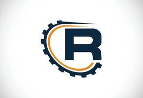 eerste r alfabet met een versnelling. uitrusting ingenieur logo ontwerp. logo voor auto, mechanisch, technologie, instelling, reparatie bedrijf, en bedrijf identiteit vector