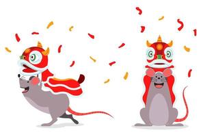 rat stripfiguur uitvoeren van traditionele chinese leeuwendans vector