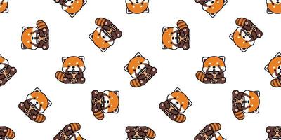 schattig rood panda met bubbel thee tekenfilm naadloos patroon, vector illustratie