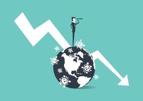 zakenman staande op een wereldbol vol virusuitbraken en met een verrekijker. vector