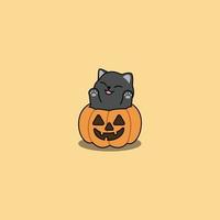 gelukkig zwart kat in halloween pompoen tekenfilm, vector illustratie