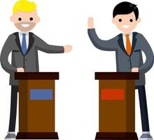 politiek debat en onenigheid tussen twee presidentieel kandidaten. tribune en stellage. dialoog en verkiezingen. podium voor toespraak. rostrum en Mens in pak. vector