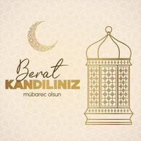 moslim vakantie. vector concept van Islamitisch heilig nacht berat kandiliniz. kaart met lantaarn en halve maan maan met Arabisch patroon. vector Aan licht beige achtergrond