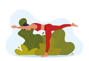 vrouw karakter aan het doen yoga opdrachten Aan vers lucht. buitenshuis yoga. welzijn, gezondheidszorg en levensstijl concept. vector illustratie.