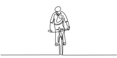 ononderbroken één regel jonge wielrenner man in een helm voert een truc op de fiets. vector