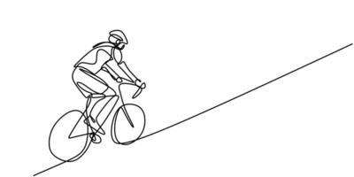 ononderbroken één regel fietser berijder op fiets. mannen fitness sport atleten fietsen. vector