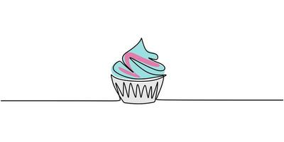 een enkele lijntekening van zoete muffincake. heerlijk cupcakewinkelmenu en restaurantbadge concept. vector