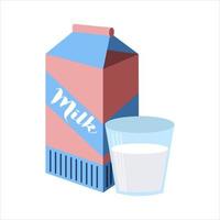 melk in een pakket en een glas. vector illustratie Aan een wit achtergrond.