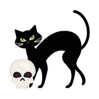 halloween, schattige zwarte kat en schedel op witte achtergrond vector