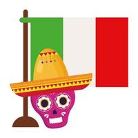 vlag Mexicaanse en roze schedel met hoed, op witte achtergrond vector