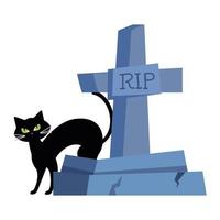 halloween, schattige zwarte kat met grafsteen op witte achtergrond vector