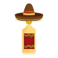 Mexicaanse hoed met fles tequila op witte achtergrond vector