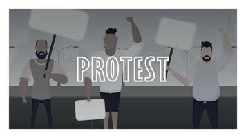 protest spandoek. een menigte van jongens met banners in hun handen kwam uit naar protest. prostituee stijl. vector