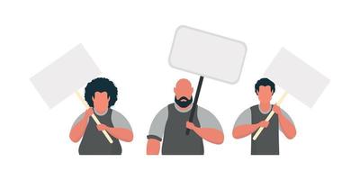 een Mens met een leeg banier in zijn handen. met ruimte voor uw tekst. rally of protest concept. tekenfilm stijl. vector