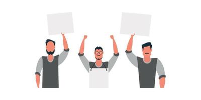 protesteren mannen met een leeg spandoek. geïsoleerd Aan wit achtergrond. vector illustratie.