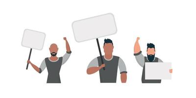 een vent met een leeg banier in zijn handen. met ruimte voor uw tekst. rally of protest concept. vector illustratie.