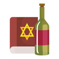 Jood bijbelboek met fles wijn op witte achtergrond vector