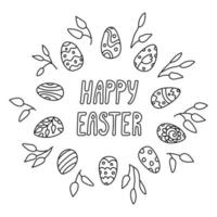 Pasen groet kaart met eieren versierd met patronen en takken in tekening stijl. geïsoleerd zwart schets. hand- getrokken vector illustratie Aan wit. gelukkig Pasen belettering.