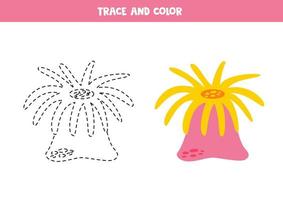spoor en kleur tekenfilm roze anemoon. werkblad voor kinderen. vector