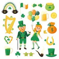 st. Patrick dag clip art set. kabouters, bier, ballonnen, klaver, hoefijzer en andere Iers symbolen. vector