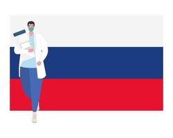 artsenman met masker en covid 19 vaccinfles op vectorontwerp van de vlag van Rusland vector