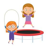 schattige kleine meisjes met trampoline springen en touwspringen vector