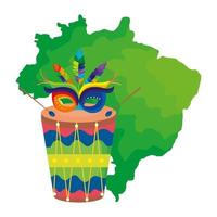 kaart van brazilië met masker carnaval en trommel vector