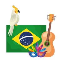 vlag van Brazilië met traditionele papegaai en pictogrammen vector
