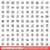 100 wereld iconen set, Kaderstijl vector