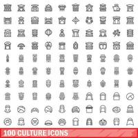 100 cultuur pictogrammen set, schets stijl vector