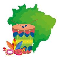 kaart van brazilië met masker carnaval en trommel vector