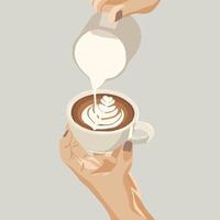 hand- van barista maken latte of cappuccino koffie gieten melk maken latte kunst. vector illustratie