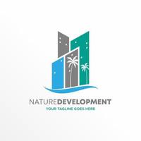 gebouw of stad- met kokosnoot boom beeld grafisch icoon logo vrij ontwerp abstract concept vector voorraad. kan worden gebruikt net zo een symbool verwant naar eigendom.