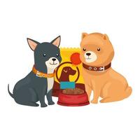 schattige honden met zak en schotel geïsoleerd voedselpictogram vector