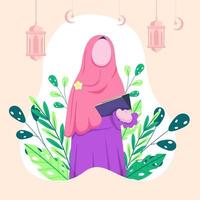 Islamitisch vrouw vervelend hijab in hand- houden de koran vector