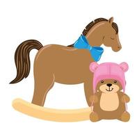houten paard speelgoed met geïsoleerde teddybeer pictogram vector