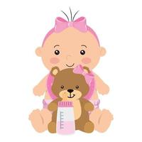 schattig klein babymeisje met teddybeer en flessenmelk vector