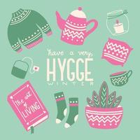 hygge-concept met kleurrijk handschrift en illustratieontwerp. scandinavische volksmotieven. vector