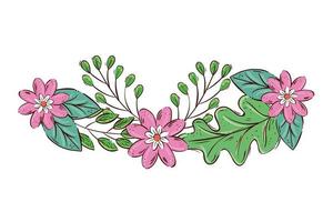 decoratie van schattige bloemen roze kleur met takken en bladeren vector