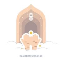 ramadan kareem islamitisch ontwerp wassende maan en moskeekoepel silhouet met arabisch patroon en kalligrafie vector